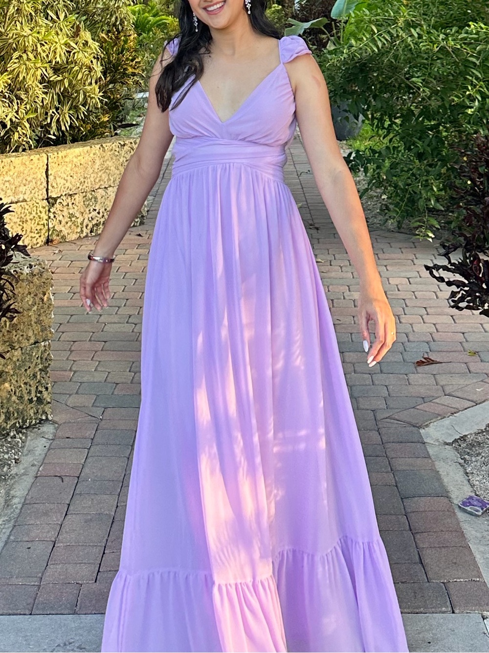 Lulu's Soiree Celebration Lilac Ruffled Lace-Up Maxi Dress.